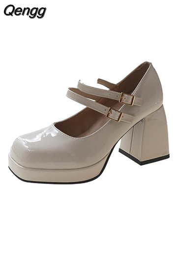 Niulatu High Heels Platform Pumps Women's Square Toe Thick Heels Mary Janes Woman Patent Leather High Heels Shoes Party Shoes DJSE